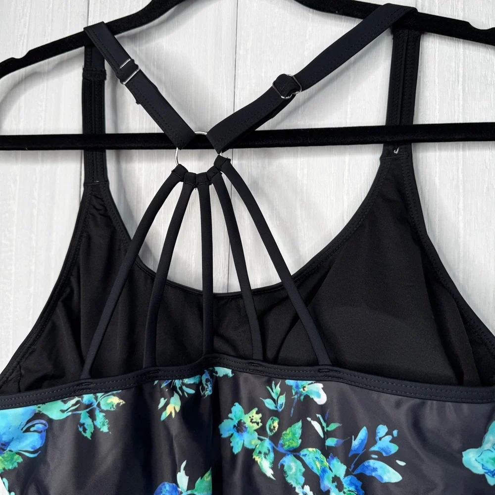 Yonique Black and Blue Floral Tankini & Shorts Set